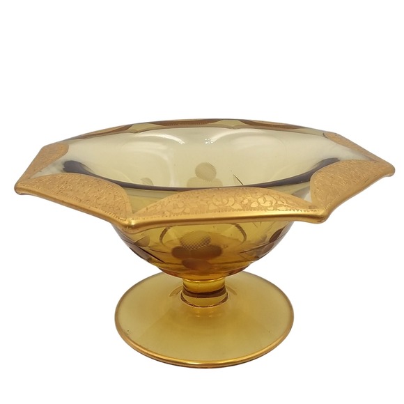 Vintage 1930 Tiffin Glass Pedestal Bowl Candy Dish Gold Trim Amber Etched Floral - Picture 1 of 9